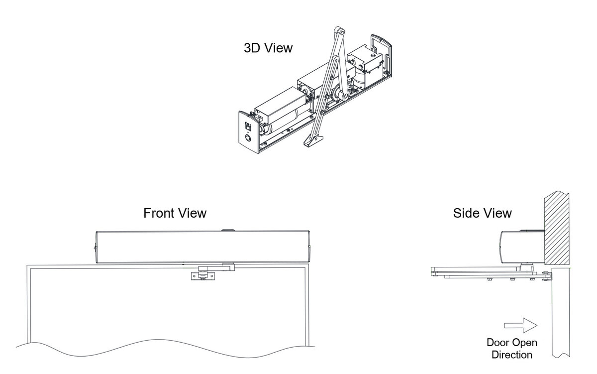 SW100SP automatic swing door operator — 3D drawing, front view and side view showing motor mechanism, arm linkage and door mounting positions