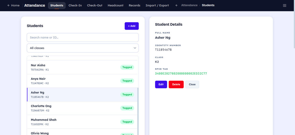 School RFID — attendance tracking module screenshot